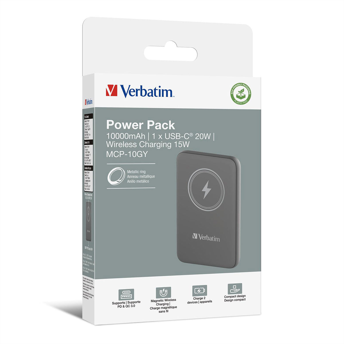 Verbatim MagSafe Powerbank 10'000 mAh – 20 W PD, Wireless 15 W, 1× USB-C, Grau