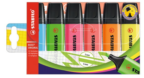 STABILO BOSS Original Textmarker Set 6 Farben – Keilspitze, 2–5 mm, nachfüllbar