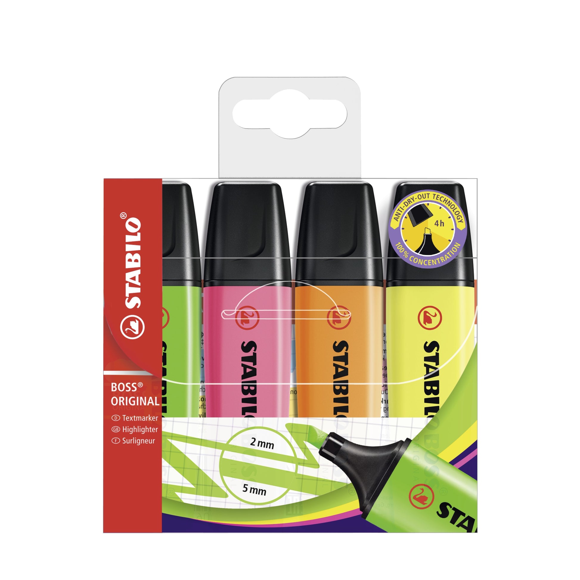 STABILO BOSS Original Textmarker – 4er Set, Farben: Ultramarin/Burgunderrot/Grauviolett …, Keilspitze 2–5 mm