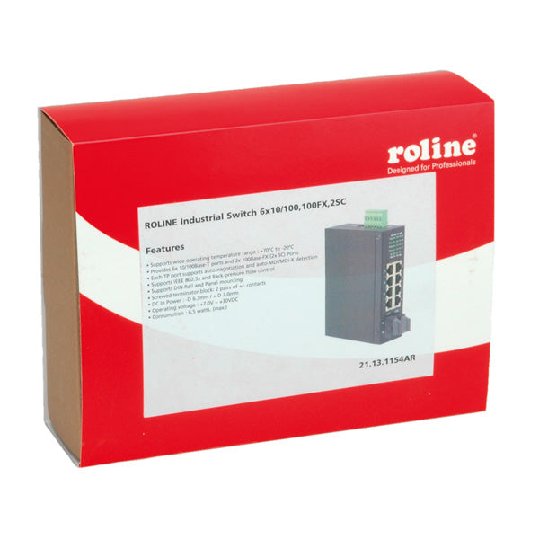 ROLINE Industrie – Unmanaged Switch – 6× 10/100, 2× SC (100Base-FX), Hutschiene