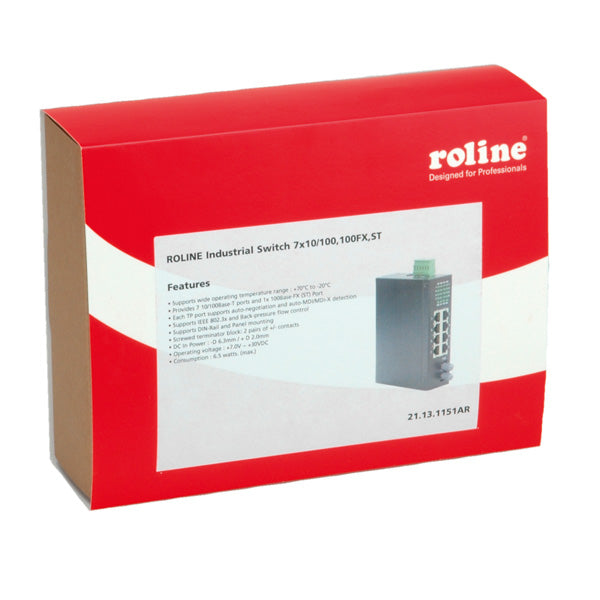 ROLINE Industrie Switch – Unmanaged – 7× 100 Mbit/s (RJ‑45), 1× ST (100Base‑FX), DIN-Hutschiene