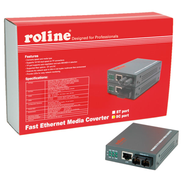 ROLINE RC-100FX/SC Medienkonverter SC zu RJ-45 – 100 Mbit/s, Multimode SC, 2 km, 1× RJ-45/1× SC, 100Base-FX