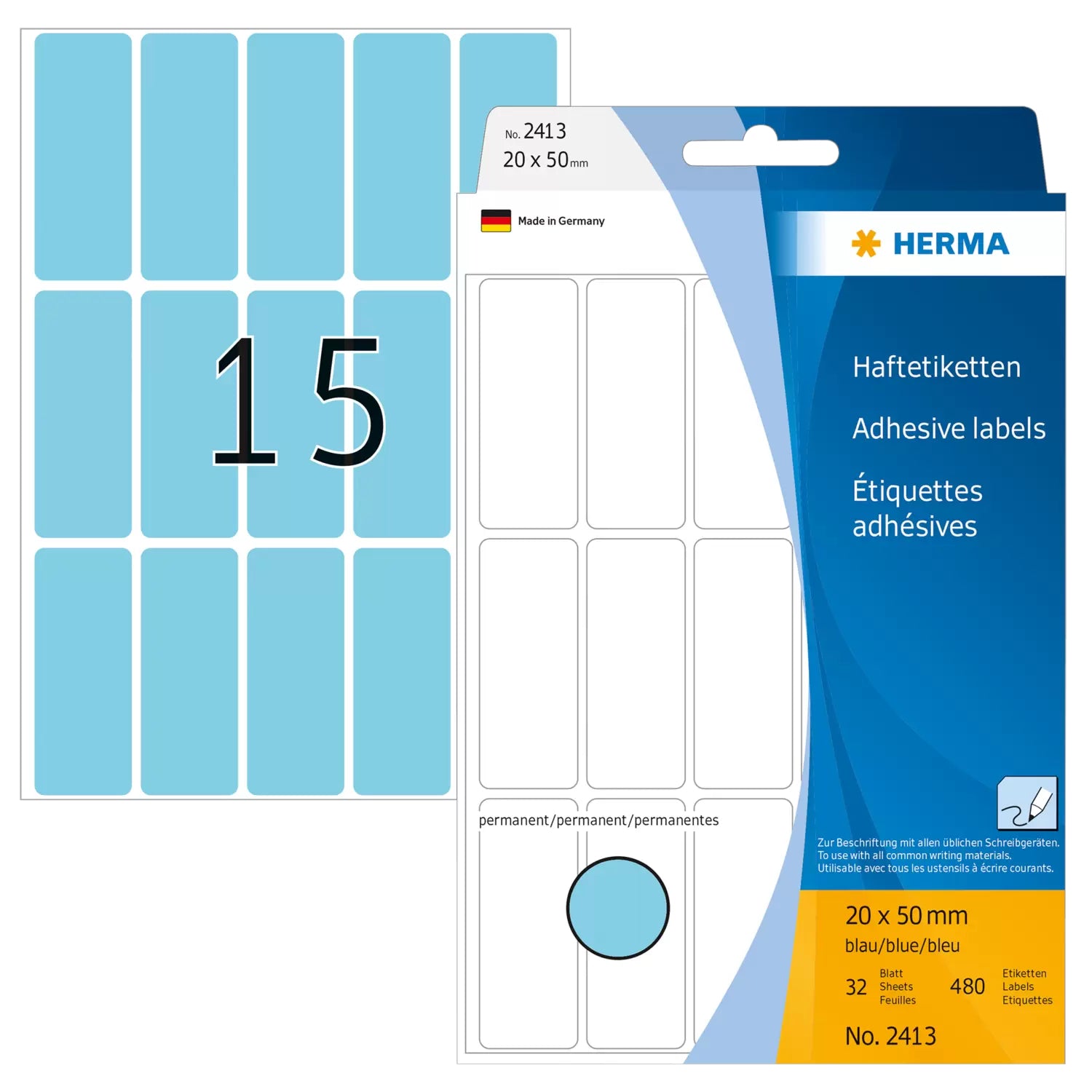 HERMA Schuletiketten – 20 × 50 mm, Abgerundete Ecken, 480 Stk, 32 Bogen, Papier, Permanent Haftend