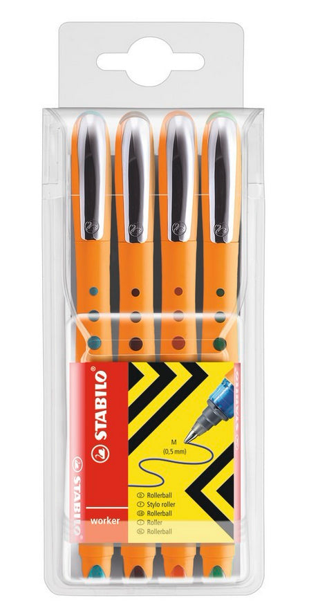 STABILO worker+ – Tintenroller-Set, mit Kappe, 0,5 mm, farbig sortiert, 4er Etui