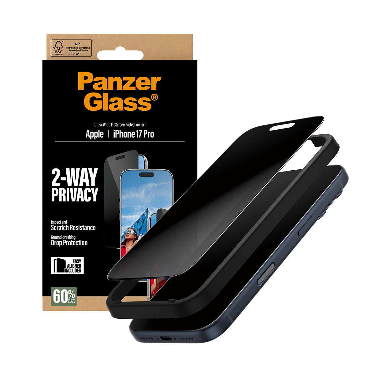 PanzerGlass Displayschutzfolie – 2-Wege-Privatsphäre, für Apple iPhone 17 Pro