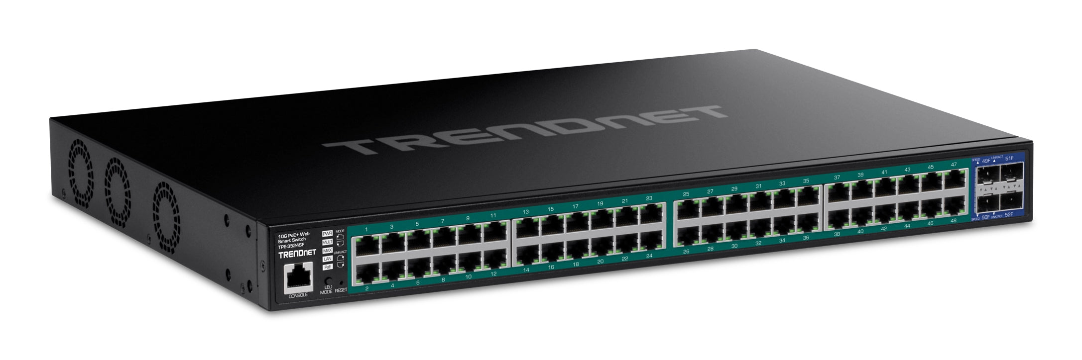 Trendnet TPE-3524SF – Managed L2+ Switch – 48× 1G, 4× SFP+, PoE+, PoE-Budget 740 W, 19", 1U