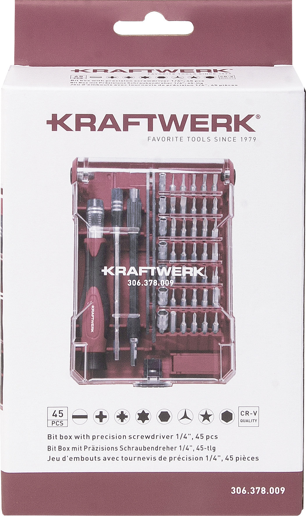 Kraftwerk – Präzisions-Schraubenzieher-Set PH/PZ/SL/TX/HEX, 45-teilig, magnetisch, Hülle, 306.378.009