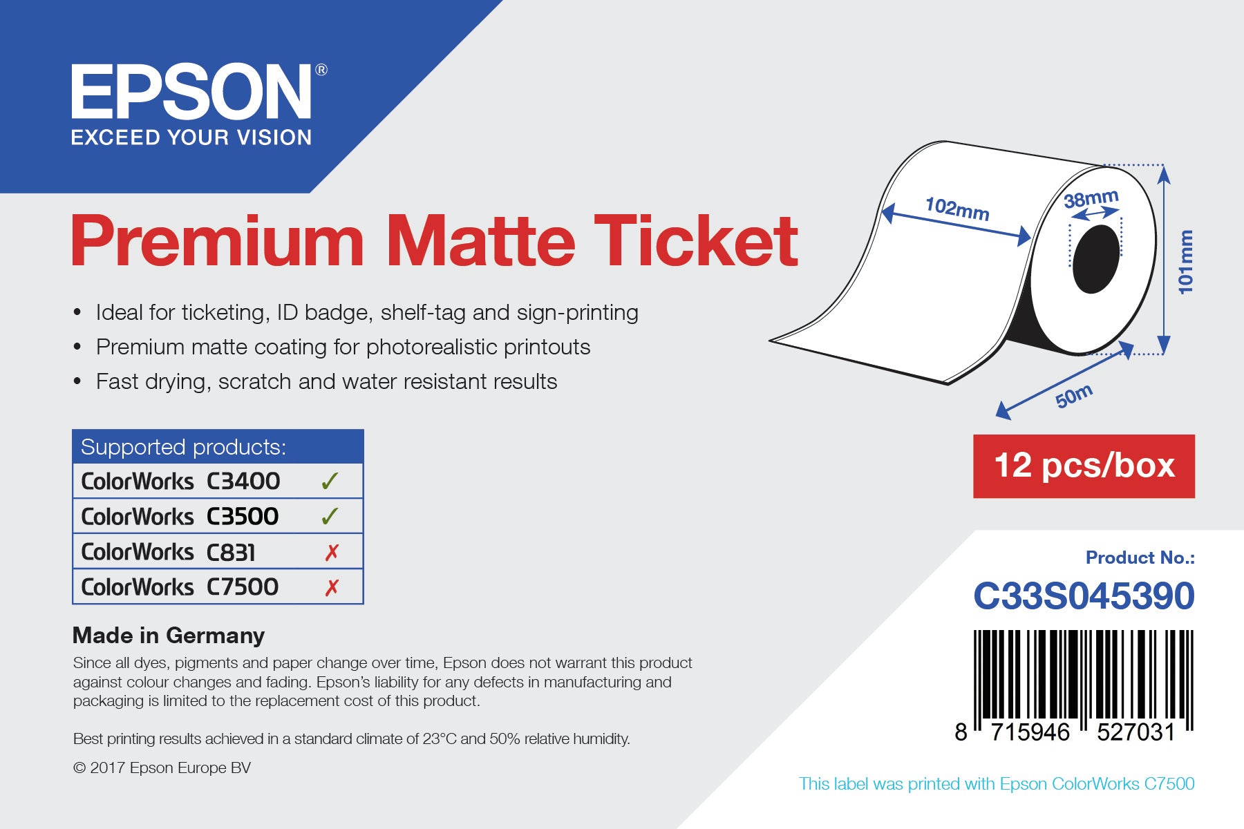 Epson Endlos-Kartonschilder, 102 mm × 50 m, für TM-C3400