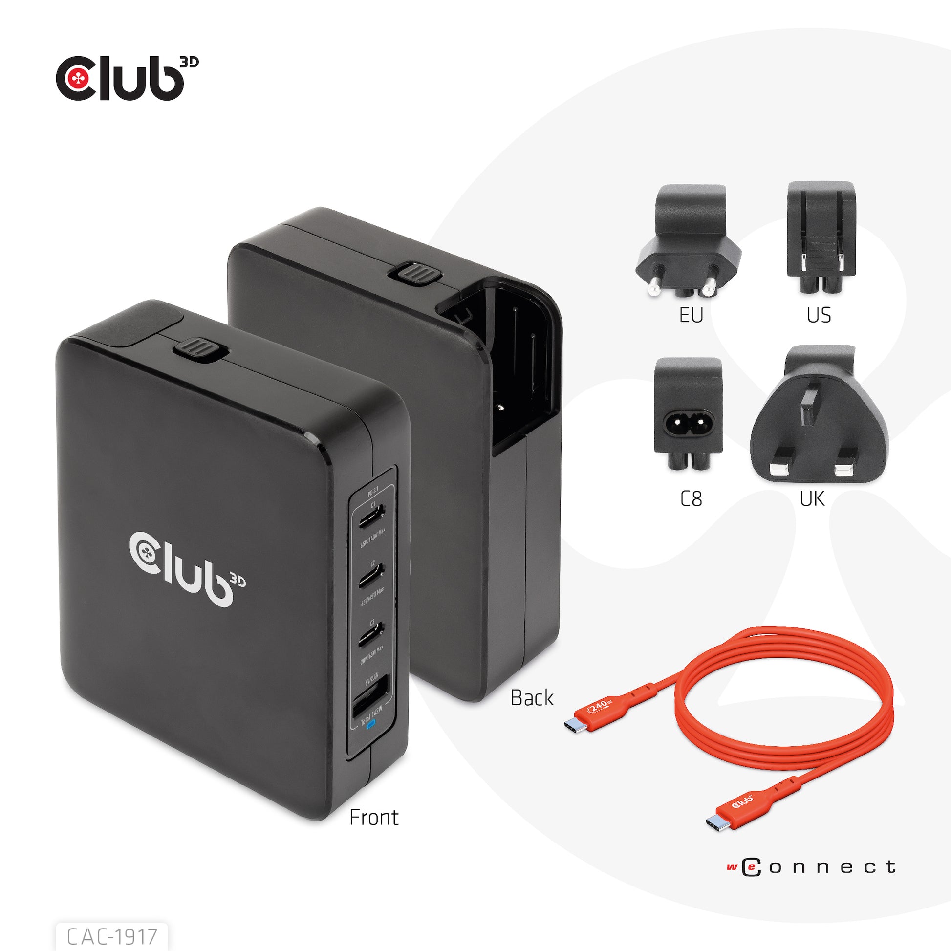 CLUB3D CAC-1917 USB-Desktop-Ladegerät 140 W – USB-C×3, USB-A×1 – PD, GaN