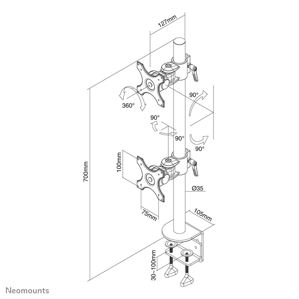 Neomounts Kipp-/Dreh-/Schwenkbarer Doppel-Monitorarm für den Schreibtisch, 2, Tischklemme, bis 27", VESA 75 × 75/100 × 100 mm, 6 kg