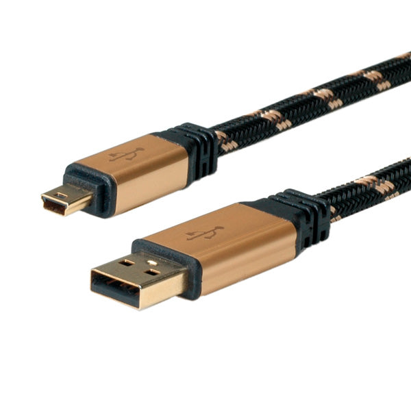 ROLINE USB-A auf Mini-USB Kabel – USB 2.0 (480 Mbit/s) – 0,8 m – Vergoldete Kontakte, Nylonmantel – Schwarz/Gold