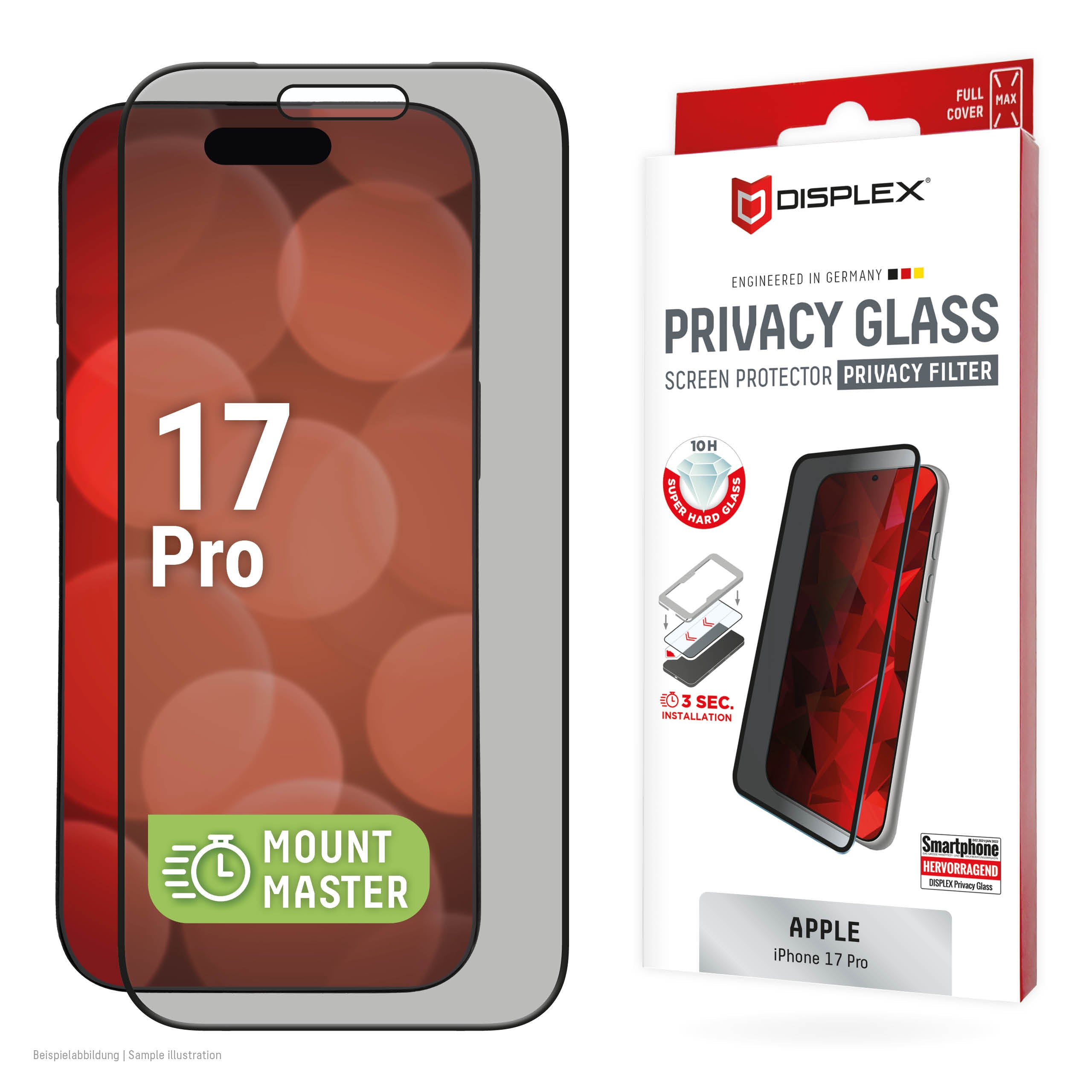 Displex Privacy-Filter (Panzerglas) – für iPhone 17 Pro – mit Applikator