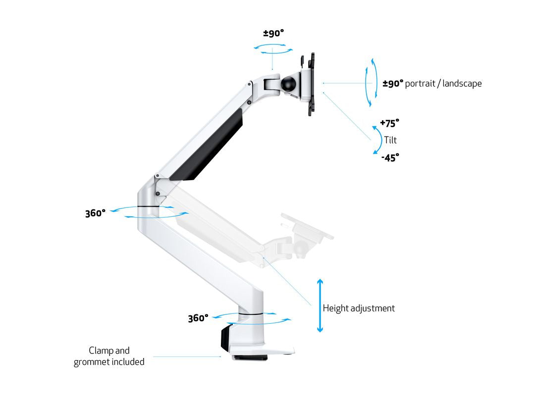 Multibrackets Gasliftarm HD 5617 – Monitorarm, bis 32", VESA 75 × 75 mm, 21 kg, Drehen, Weiss