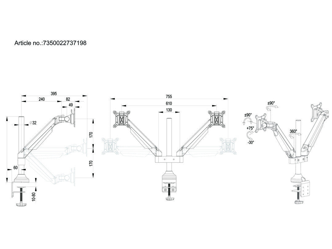 Multibrackets Tischständer Duo 7198 – Tischhalterung, Dual, Standfuss, bis 32", VESA 100 × 100 mm, 10 kg, drehbar