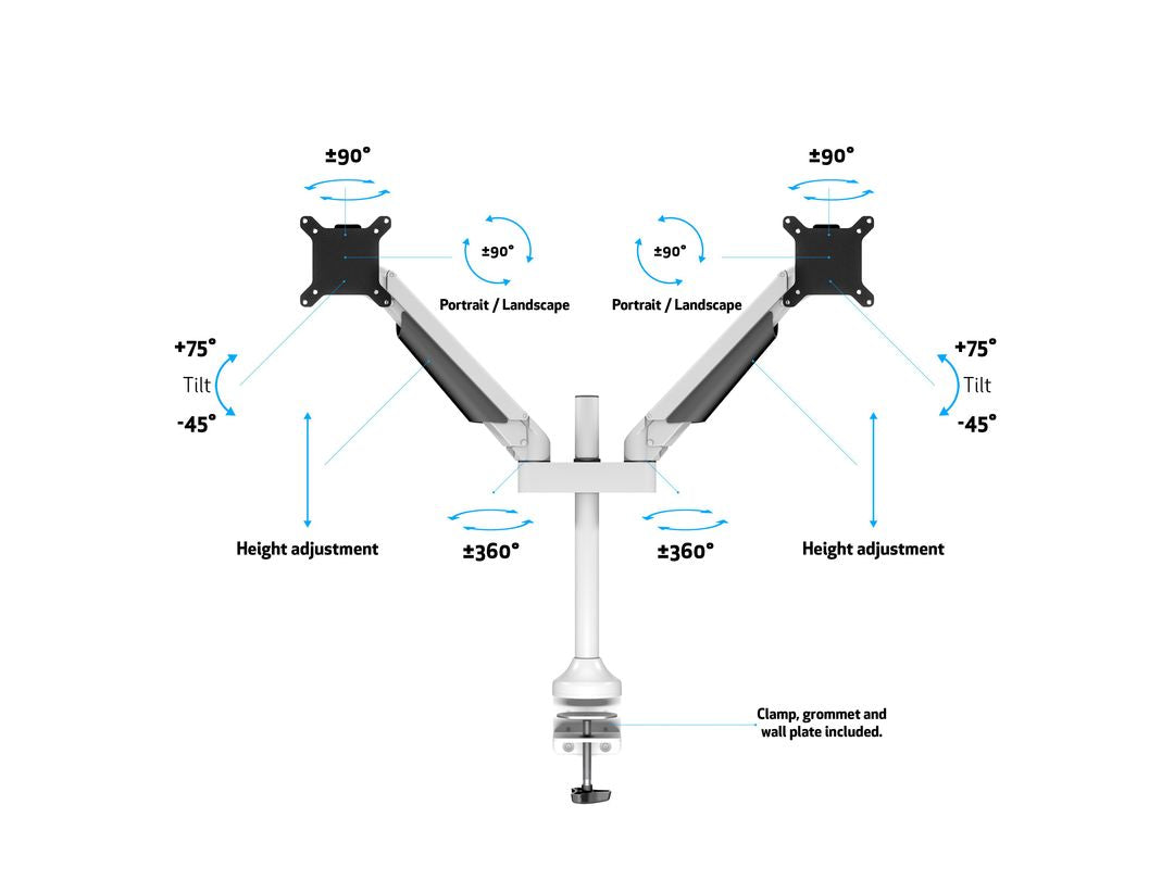 Multibrackets Monitorarm, Dual, bis 32", 10 kg, neigbar, weiss