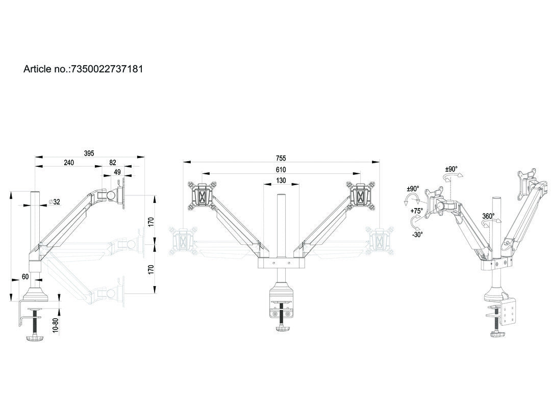 Multibrackets Monitorarm, Dual, bis 32", 10 kg, neigbar, weiss
