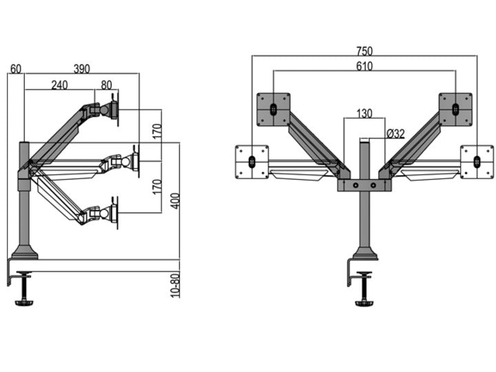 Multibrackets Tischständer Duo 7198 – Tischhalterung, Dual, Standfuss, bis 32", VESA 100 × 100 mm, 10 kg, drehbar