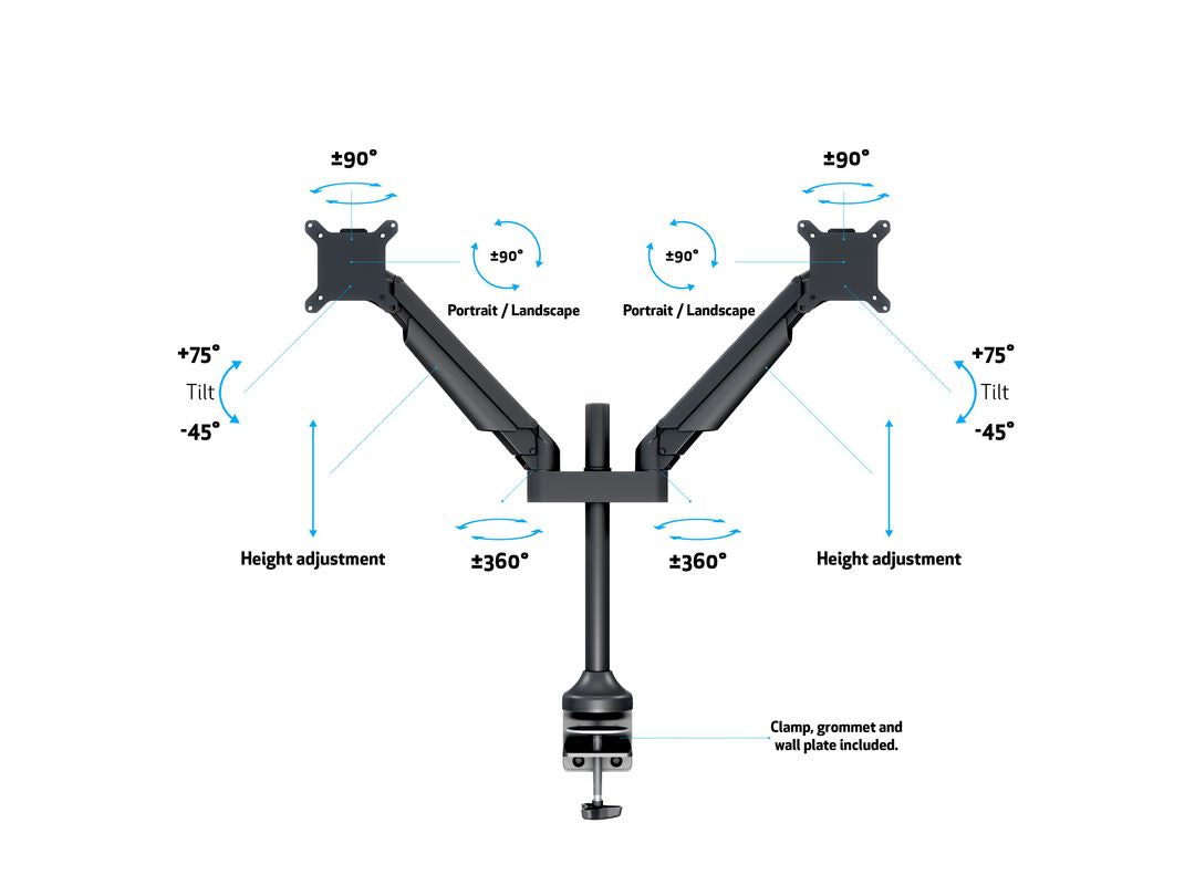 Multibrackets Gasliftarm HD 2593 – Monitorarm, Dual, Tischklemme, bis 32", VESA 100 × 100 mm, 21 kg, schwarz