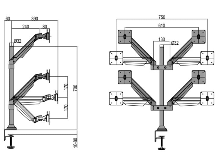 Multibrackets Monitorarm, Quad, bis 32", 10 kg, neigbar, weiss