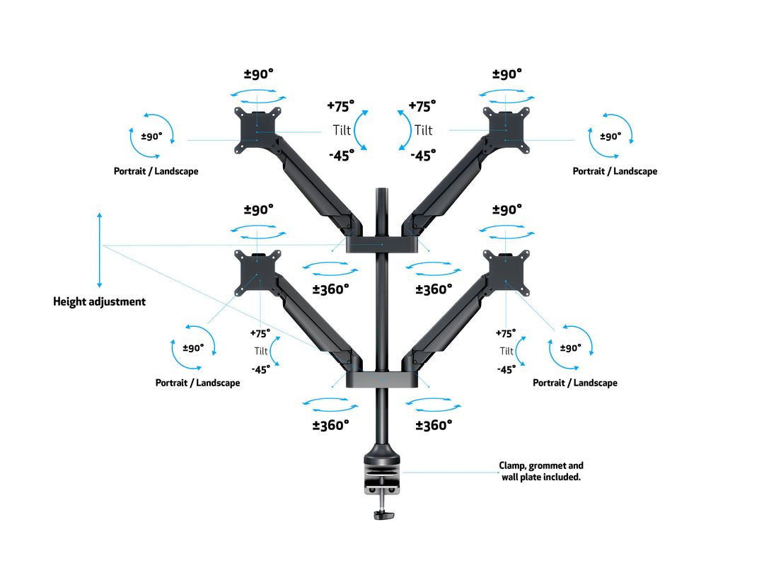Multibrackets Gasliftarm HD 2609 – Monitorarm, 4, bis 32", VESA 75 × 75/100 × 100 mm, 21 kg, neigbar, schwarz