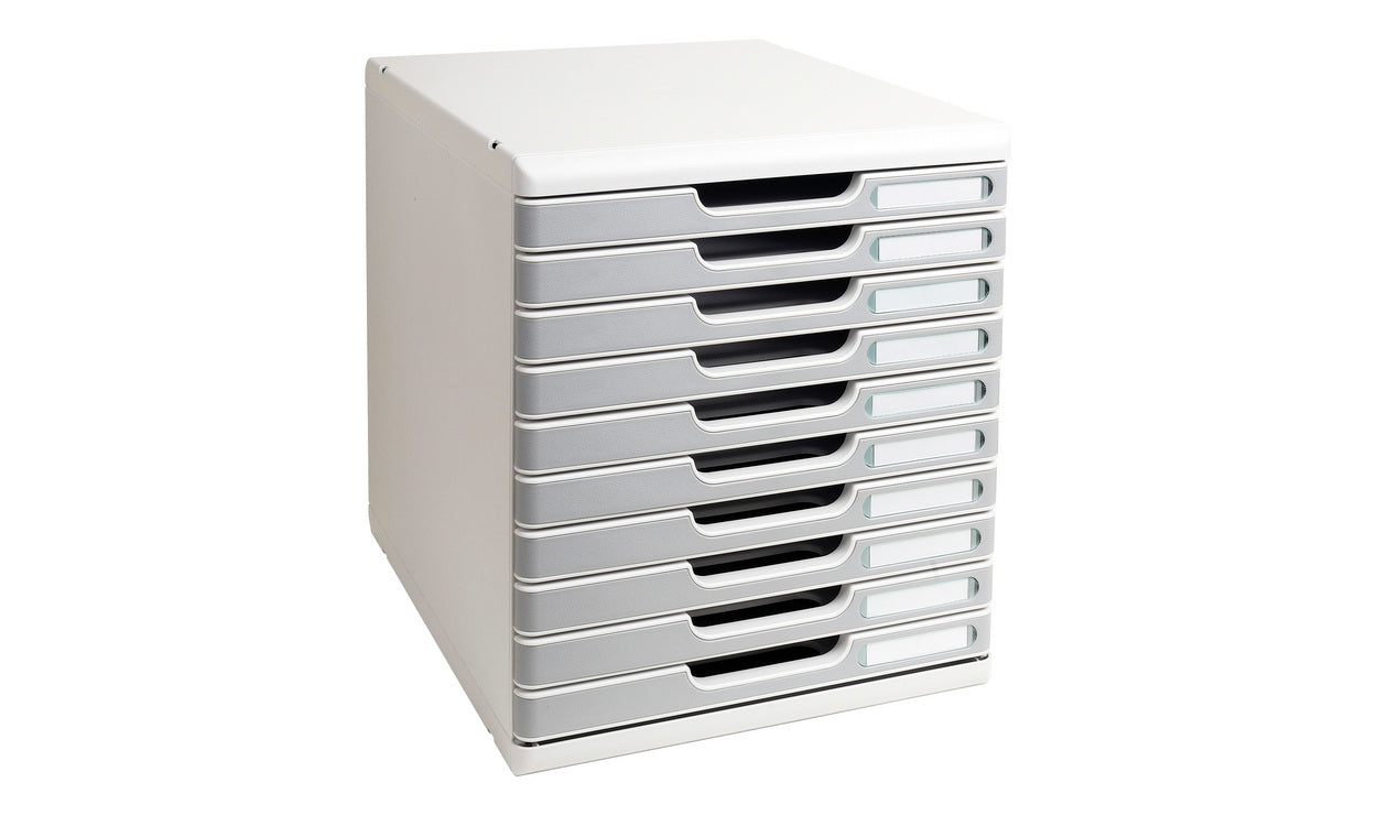 Exacompta MODULO Schubladenbox – 10 Schubladen, für A4+, grau, B 350 × H 320 × T 288 mm