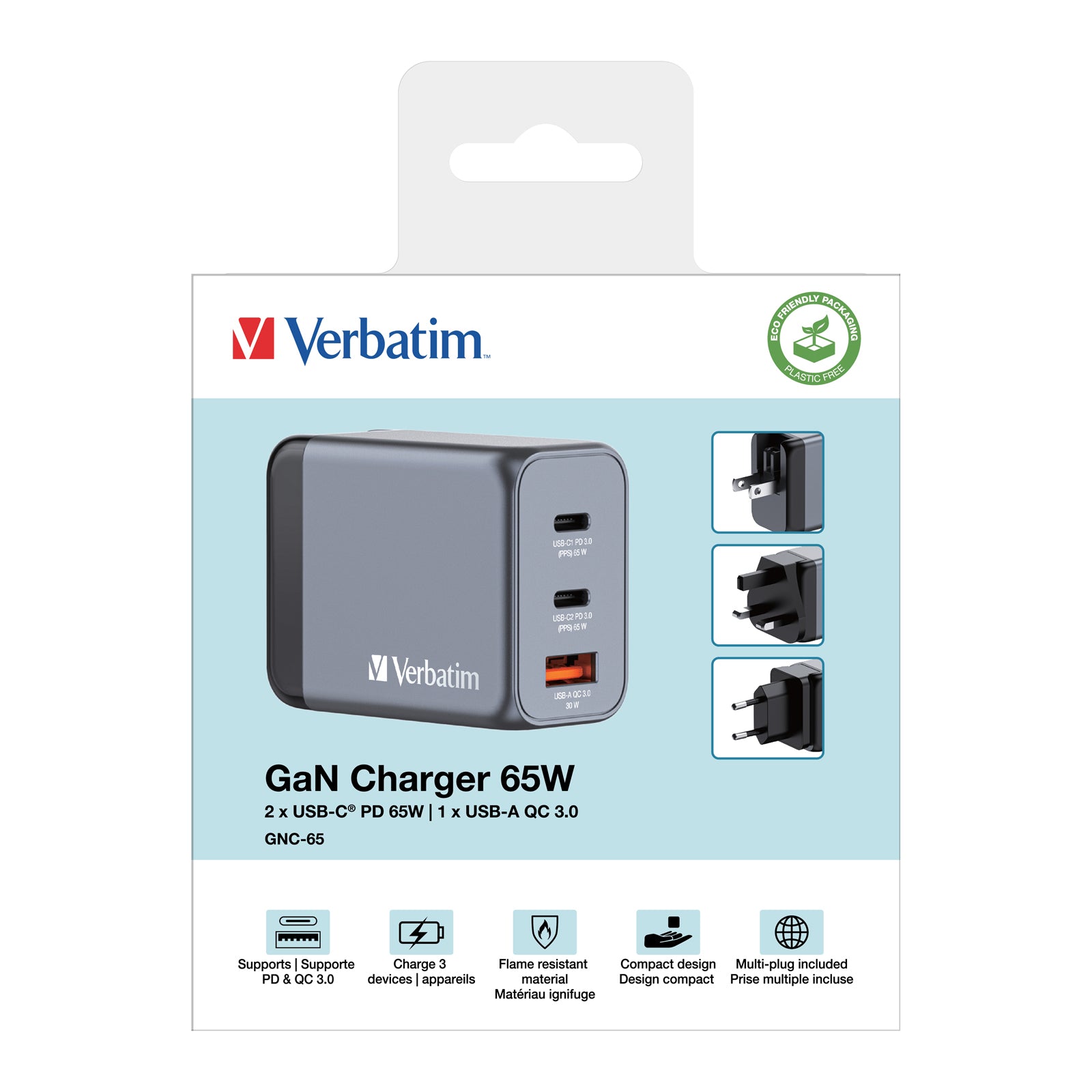 Verbatim GNC-65 USB-Ladegerät 65 W – USB-C×2, USB-A×1 – PD, PPS, QC 3.0, GaN