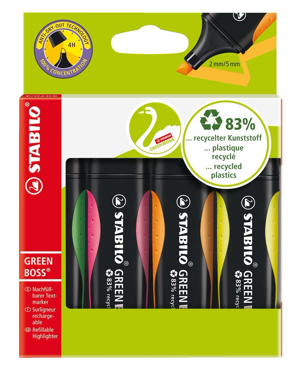 STABILO BOSS Textmarker Set 4 Farben – Keilspitze, 2–5 mm, nachfüllbar