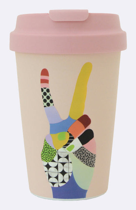 BioLoco Easy Cup-Peace Becher – 350 ml, Kunststoff (PLA)/Silikon, Rosa, mit Deckel, spülmaschinenfest