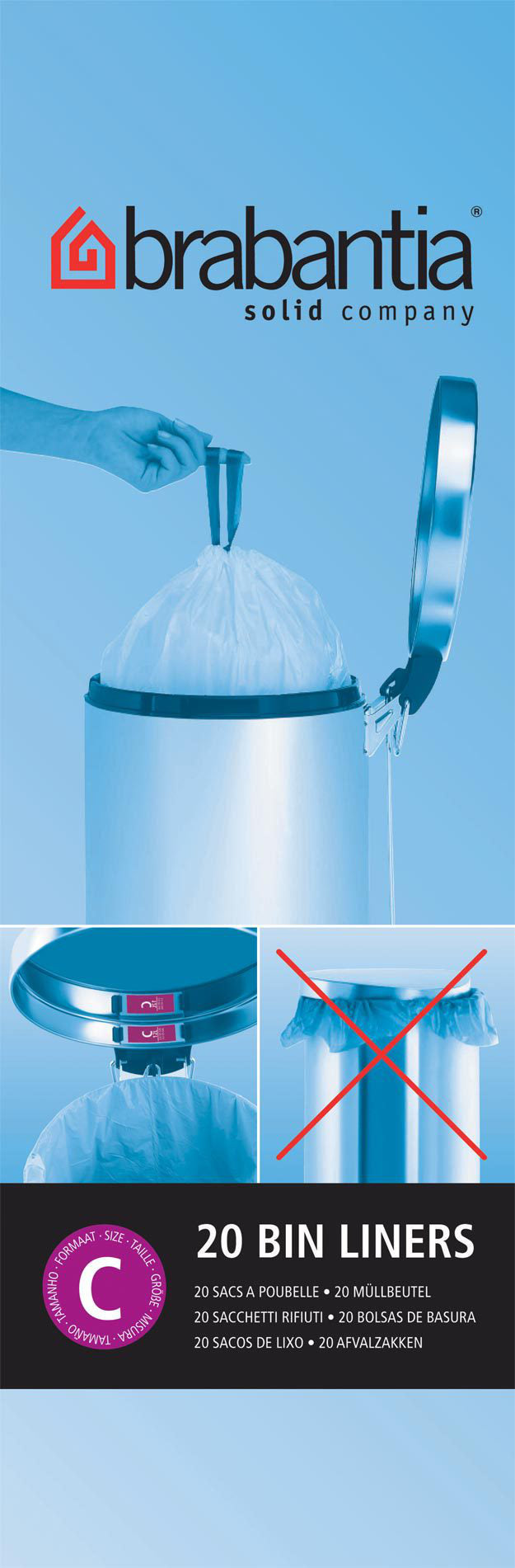Brabantia Kehrichtsack PerfectFit – 12 l, mit Zugband, PE, weiss, 390 × 480 × 1 mm, 12 Rollen à 20 Stk