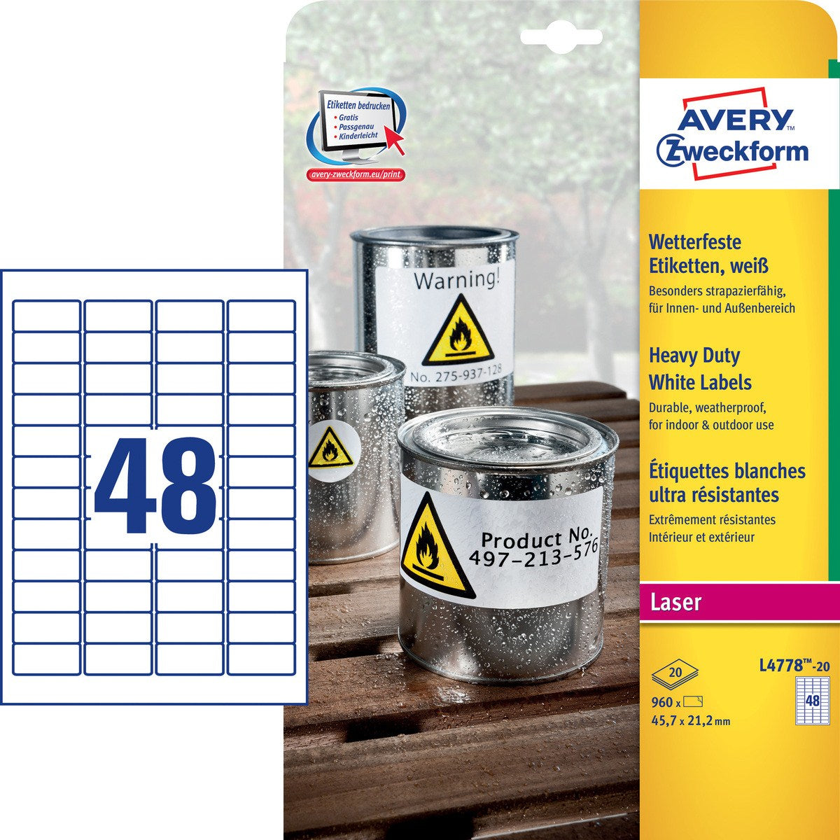 Avery Druckeretiketten, 46 mm × 21 mm, weiss, Folie, extra stark, 960 Etiketten (20 Blatt)