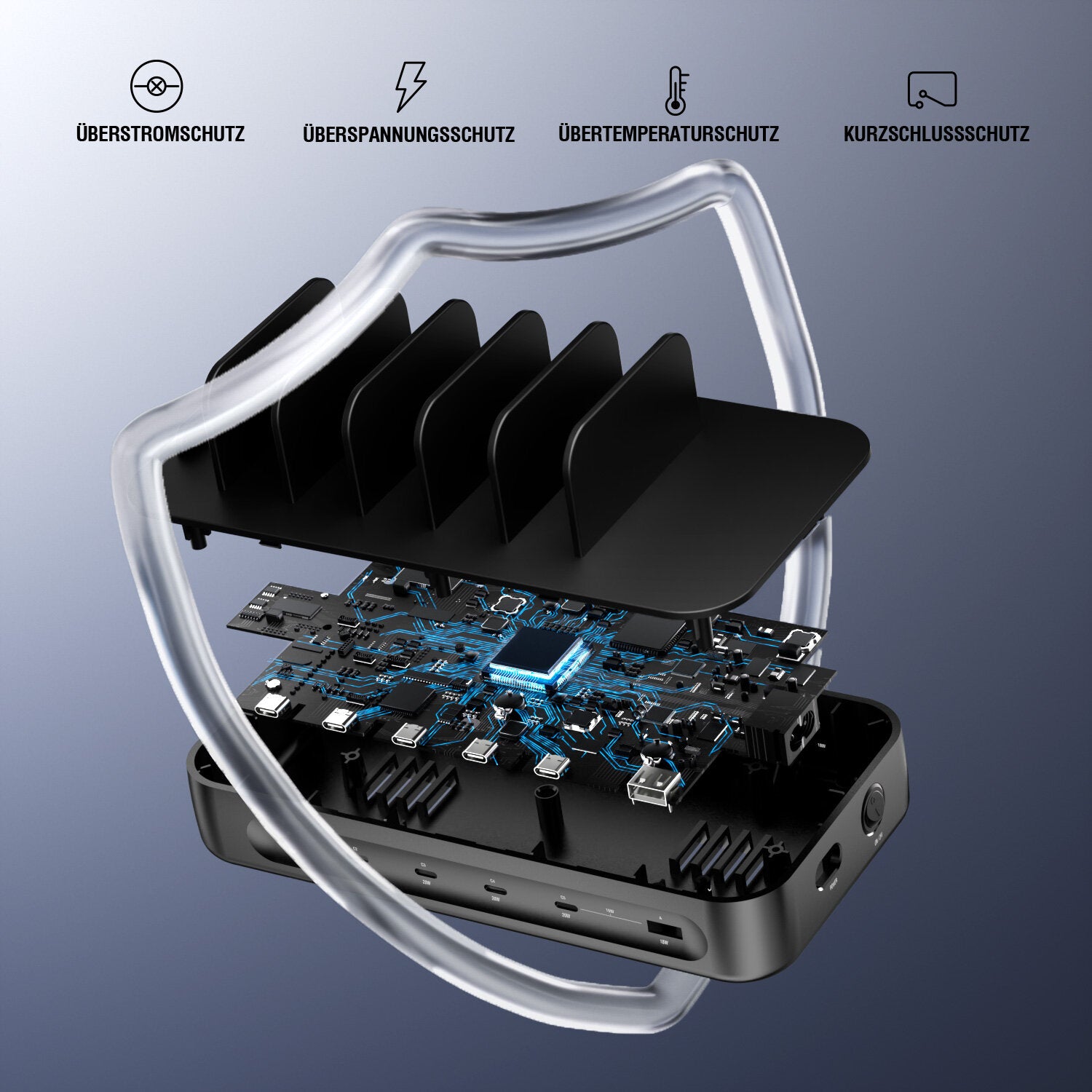4smarts Ladestation Team USB-Desktop-Ladegerät 100 W – USB-C×5, USB-A×1 – für Apple – Schwarz