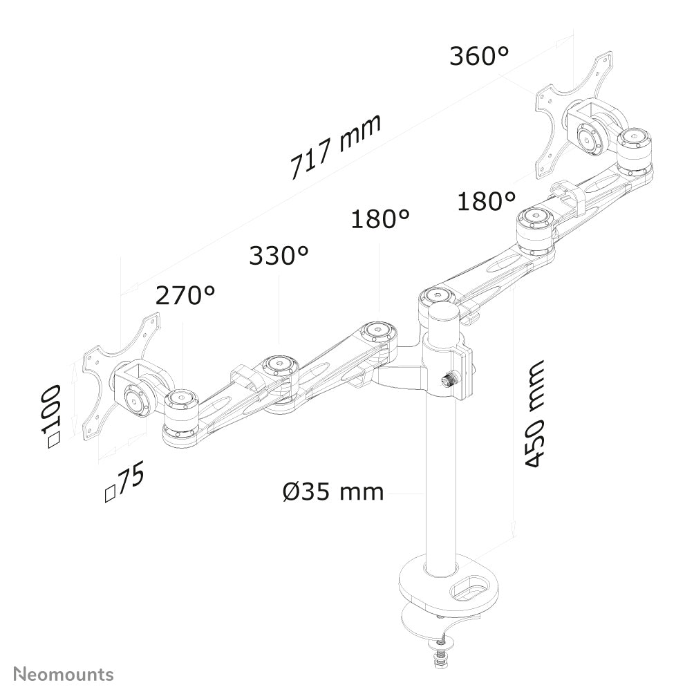 Neomounts Monitorarm, Dual, Tischdurchführung – bis 27", VESA 75 × 75/100 × 100 mm, 6 kg, Silber