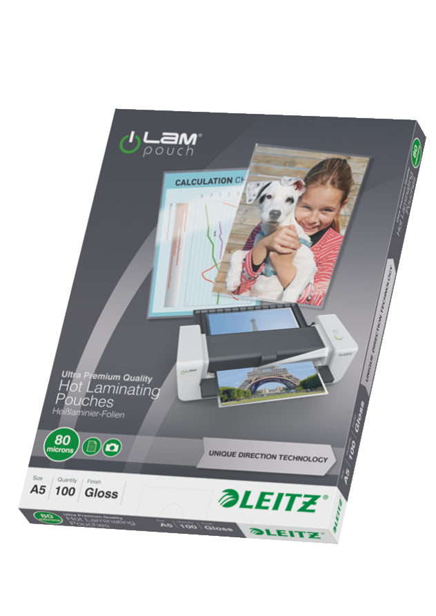 Leitz Laminierfolien A5, glänzend – 80 µm, 153 × 216 mm, 100 Stk.