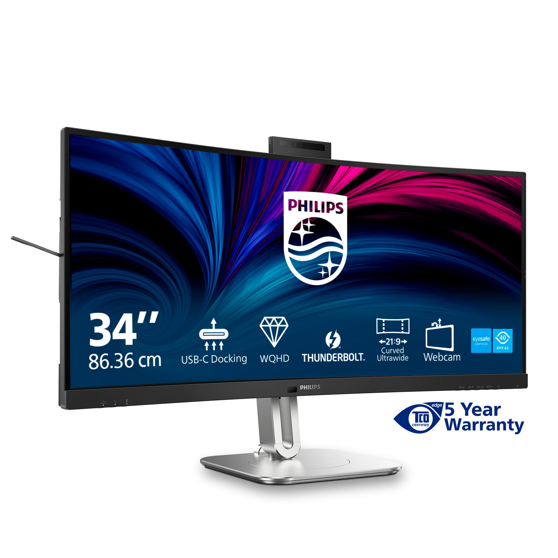 Philips 34B2U6603CH/00 – Monitor, 34", VA, 120 Hz, 300 cd/m², Webcam, 3× USB-C, KVM, VESA 100 × 100, Schwarz