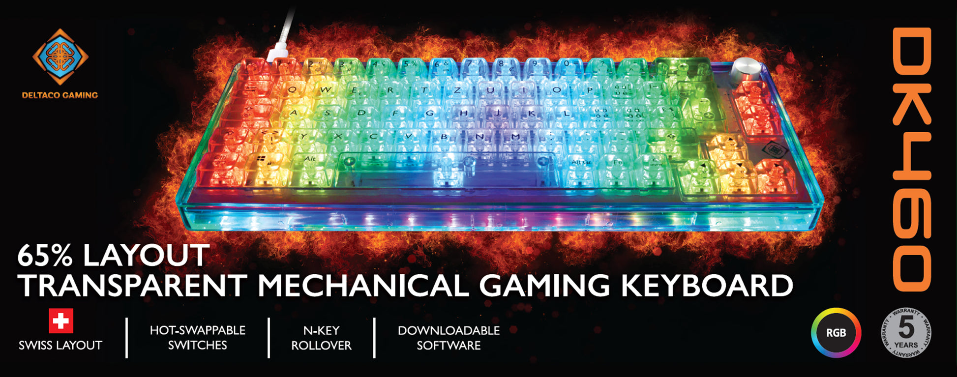 Deltaco Gaming GAM-160-T-CH – Gaming-Tastatur 65% – Mechanisch – QWERTZ (CH) – RGB – Ohne Ziffernblock