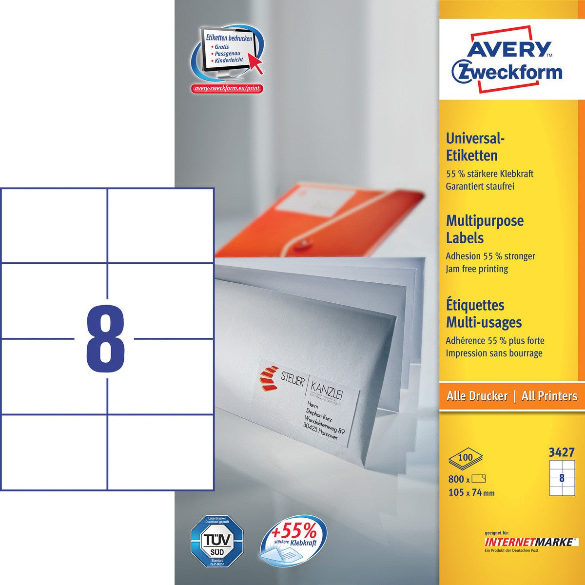 Avery Zweckform – Druckeretiketten, 105 mm × 74 mm, weiss, Papier, permanent, 800 Stk. (100 Blatt)