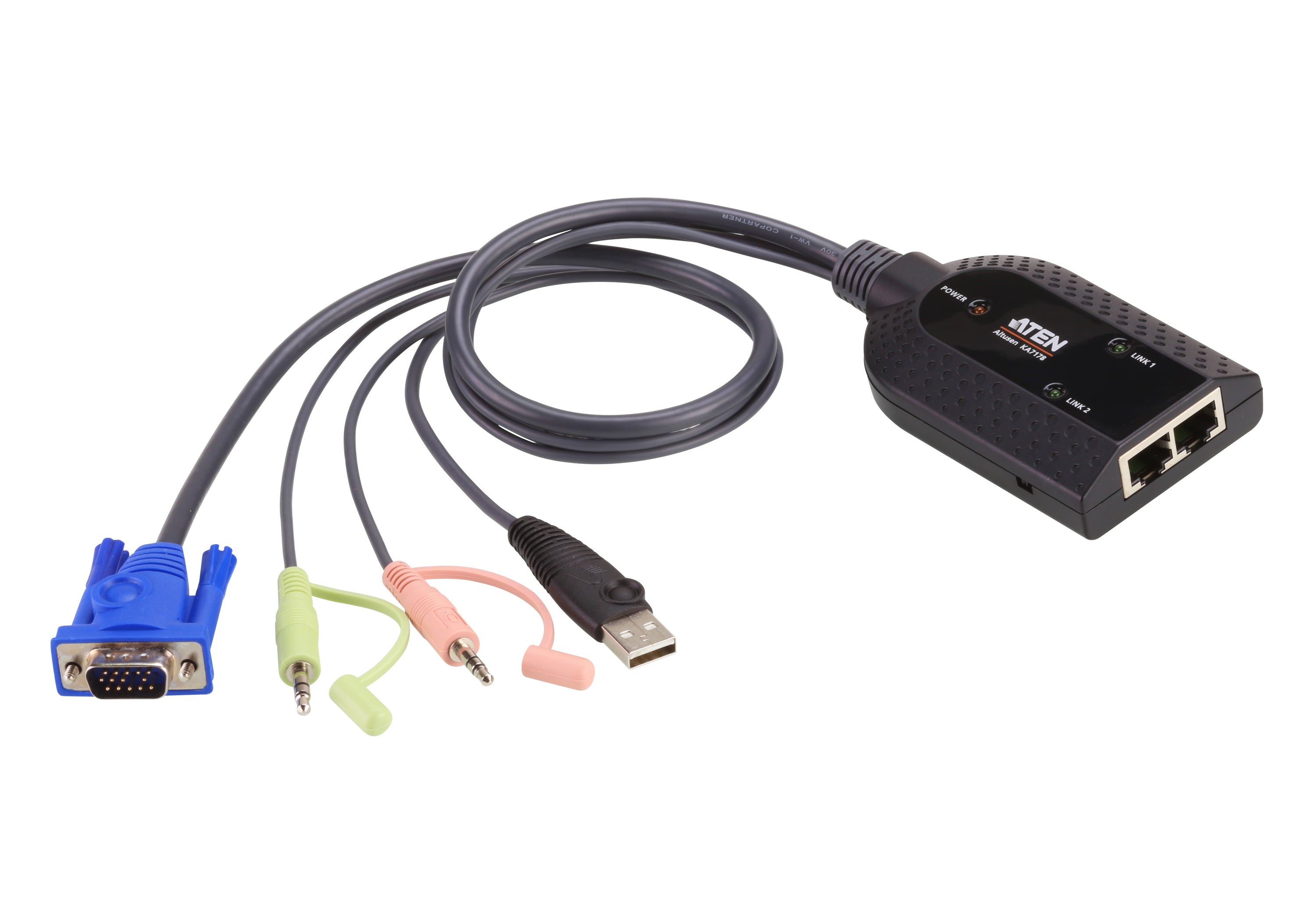 ATEN KA7178 KVM-Adapterkabel 2× RJ-45 zu VGA (HDB-15), USB 2.0, 2× 3,5 mm – 1280 × 1024, bis 300 m – 0,2 m
