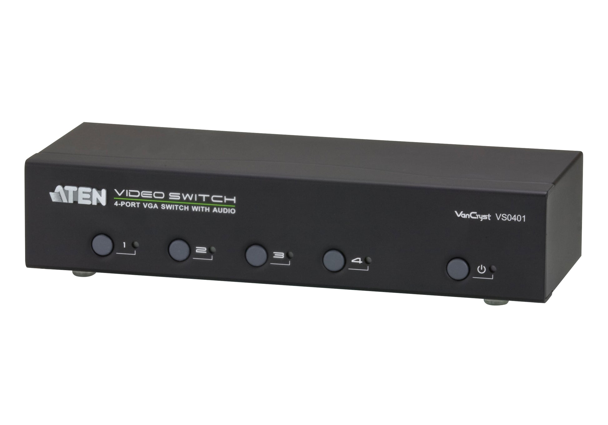 ATEN VS0401 – VGA-Video-Switch, 4× VGA Eingang / 1× VGA Ausgang, max. 1920 × 1440, 65 m, Stereo-Audio, RS-232, Schwarz
