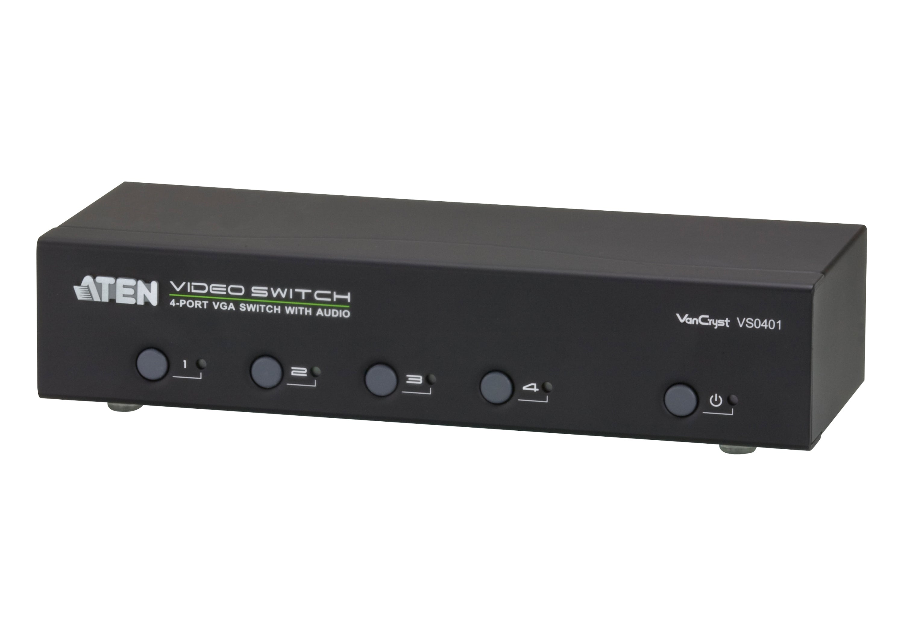 ATEN VS0401 – VGA-Video-Switch, 4× VGA Eingang / 1× VGA Ausgang, max. 1920 × 1440, 65 m, Stereo-Audio, RS-232, Schwarz
