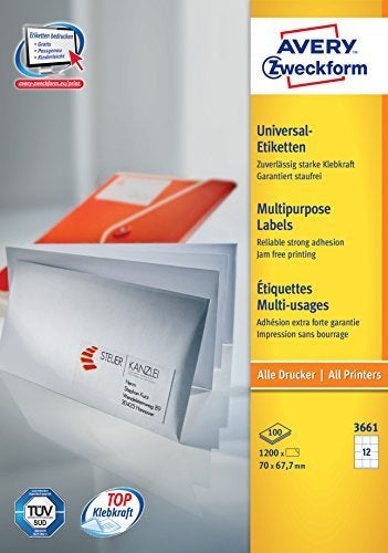 Avery Bogenetiketten, 70 mm × 68 mm, weiss, Papier, permanent, 1200 Etiketten (100 Blatt)