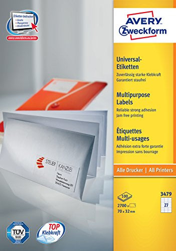 Avery Zweckform – Druckeretiketten, 70 mm × 32 mm, weiss, Papier, permanent, 2700 Stk., 100 Blatt