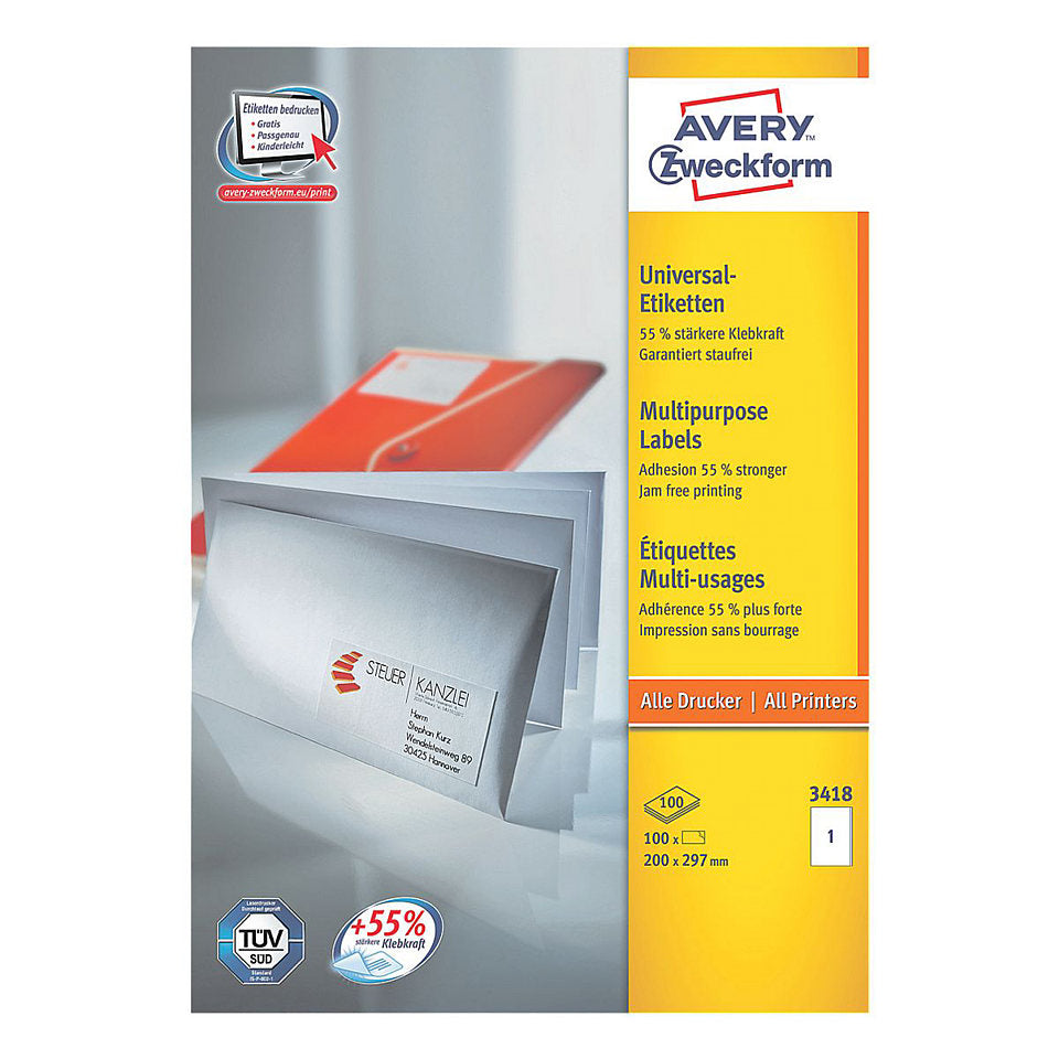 AVERY ZWECKFORM – Druckeretiketten, 200 mm × 297 mm, weiss, Papier, permanent, 100 Stk.