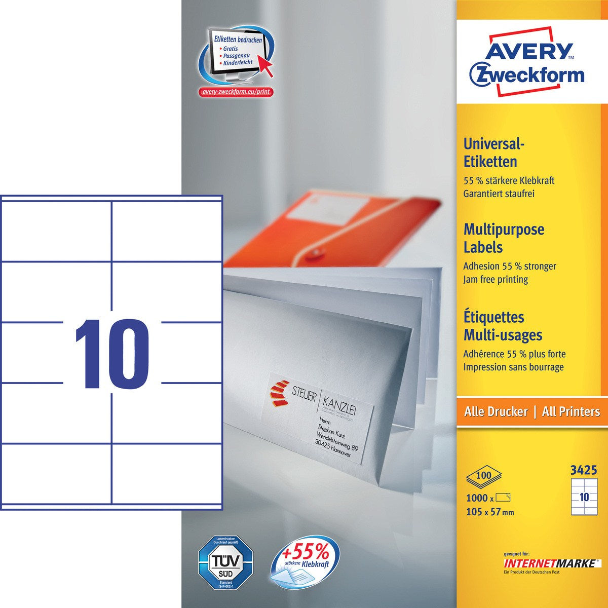 Avery Zweckform – Druckeretiketten, 105 mm × 57 mm, weiss, Papier, permanent, 1000 Stk. (100 Bl.)