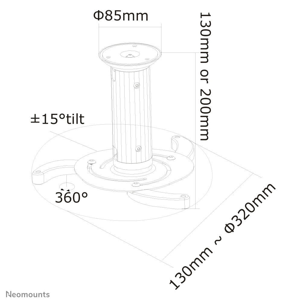 Neomounts Projektor-Deckenhalterung – 8,0–15,0 cm, schwenkbar, neigbar, 15 kg, für 130–320 mm