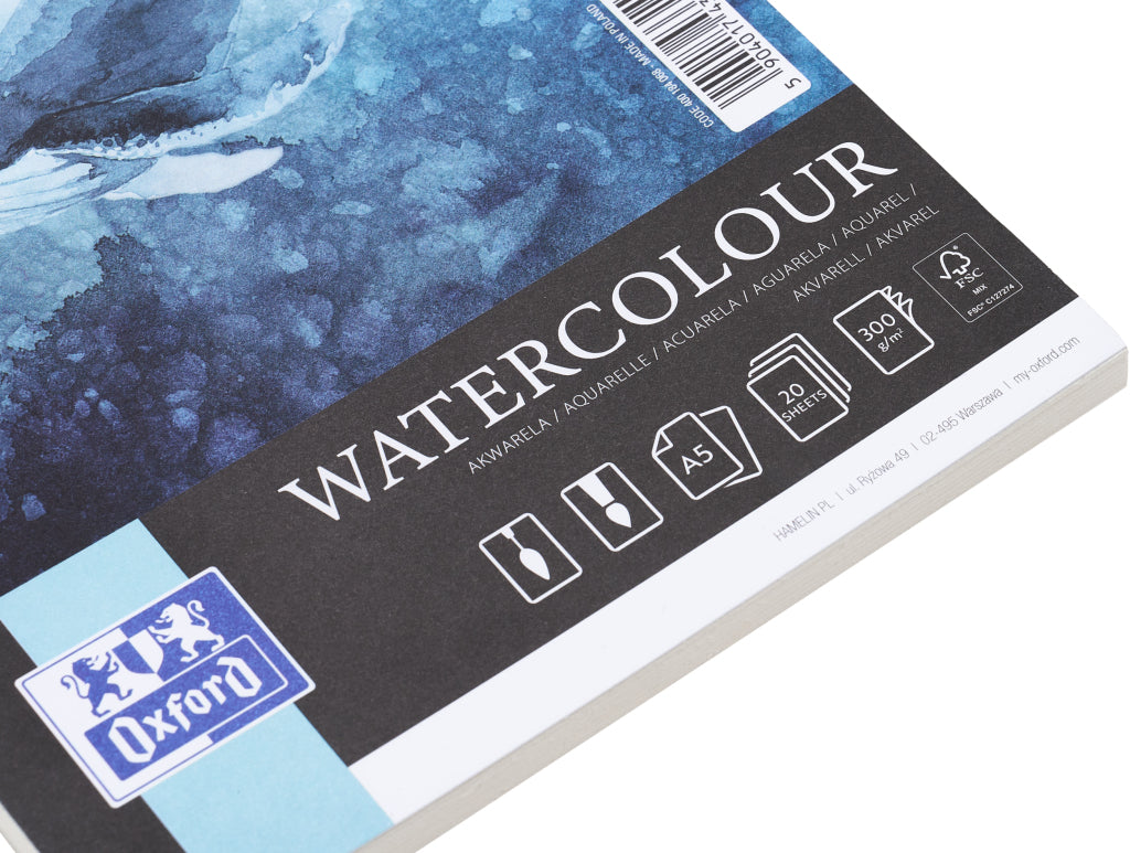 Oxford Aquarellblock – A5, 300 g/m², Spirale, 20 Blatt, für Marker, wasserbasierte Farben