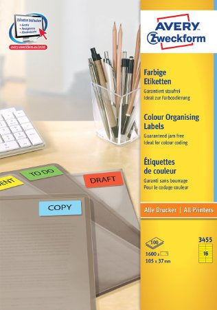 Avery Zweckform – Druckeretiketten, 37 mm × 105 mm, Gelb, Papier, Selbstklebend, 1'600 Etiketten (100 Blatt)