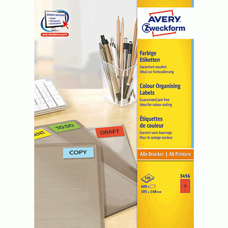 AVERY Zweckform – Druckeretiketten, 105 mm × 148 mm, rot, Papier, selbstklebend, 400 Etiketten (100 Blatt)