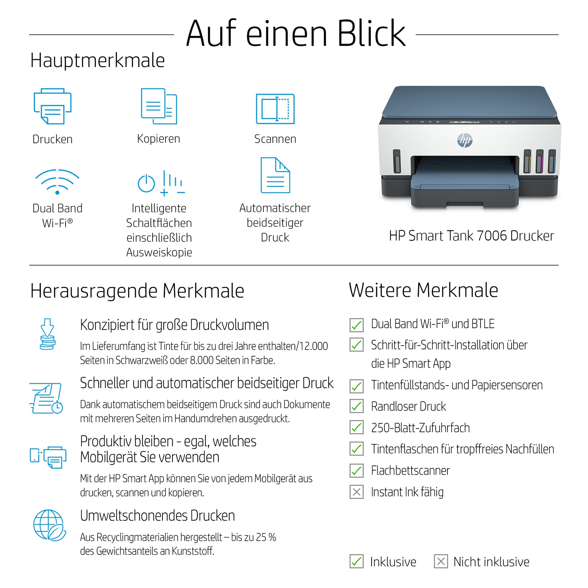HP Smart Tank 7006e – Farbiges Tintenstrahl-MFP A4, 3-in-1 – USB/WLAN – Duplex – 15 ppm S/W, 9 ppm Farbe