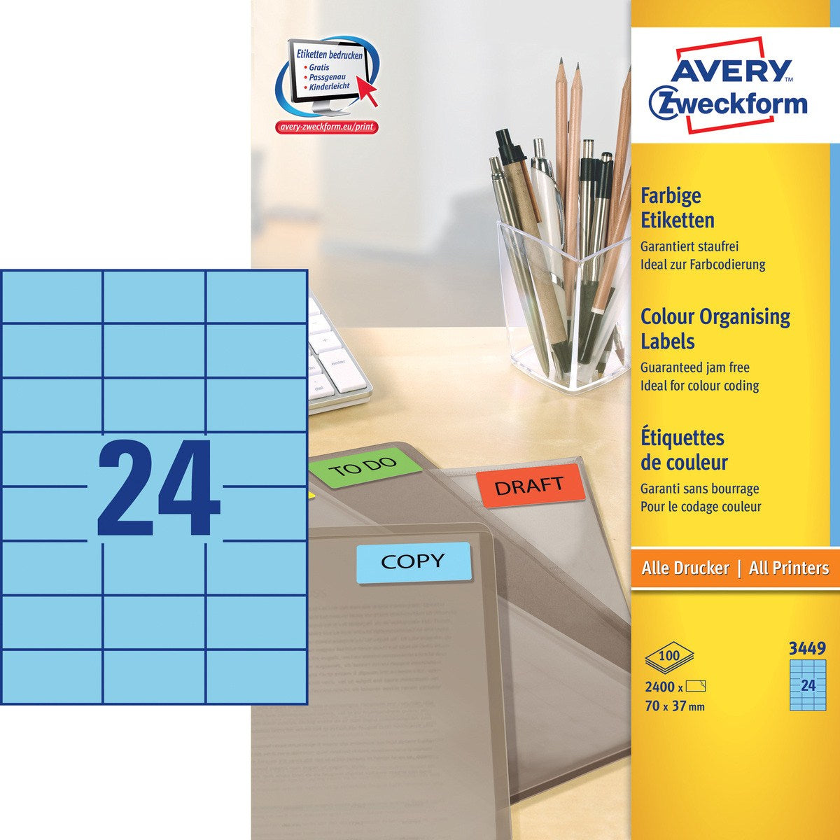 AVERY Zweckform – Universal Druckeretiketten, 70 mm × 37 mm, blau, Papier, selbstklebend