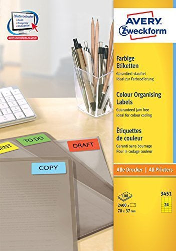 AVERY Zweckform – Druckeretiketten, 70 mm × 37 mm, gelb, Papier, permanent, 2400 Etiketten